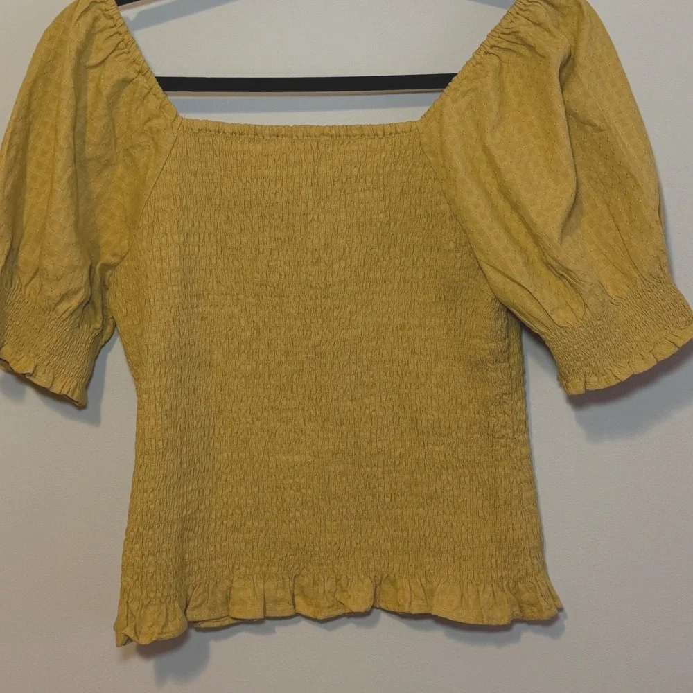 Madewell Smocked Puff Sleeve Top Yellow Dobby Ruffle Hem XXS NA366